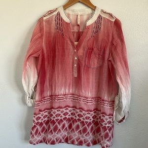 Raga Mandarin V Pink Ivory Print Beads Lightweight Button Up Top Blouse‎ Small
